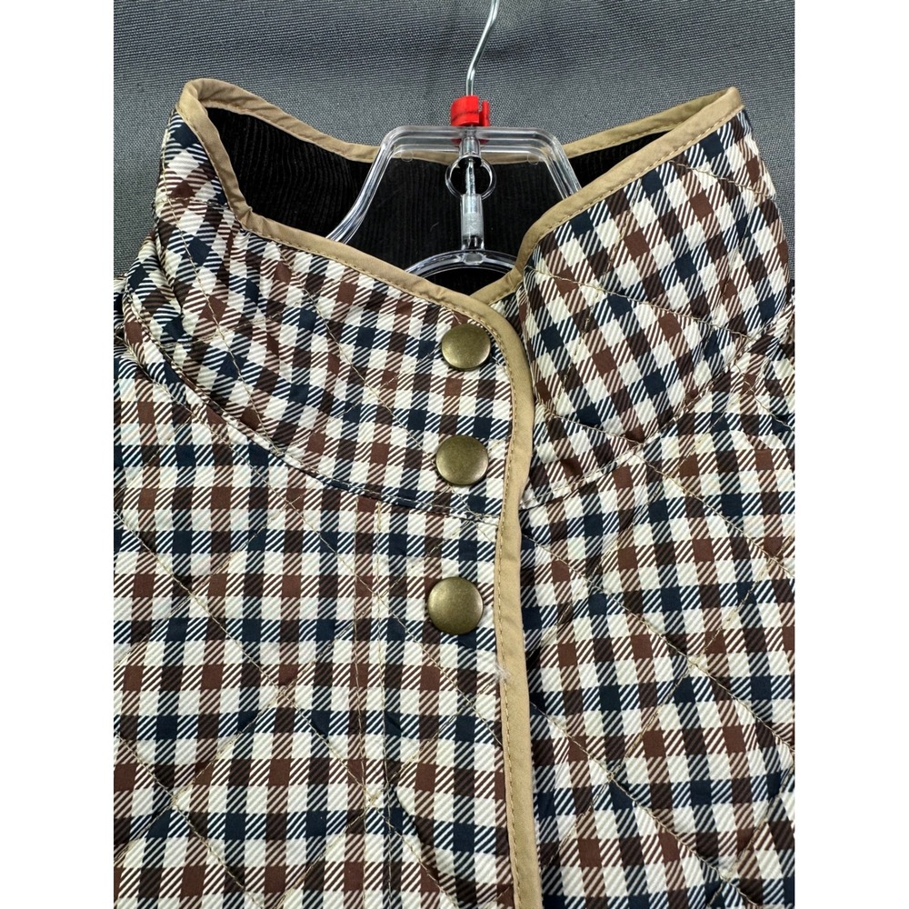 Lands' End Women Medium Quilted Primaloft Vest Brown Navy Check Plaid Snap Front - Picture 3 of 11